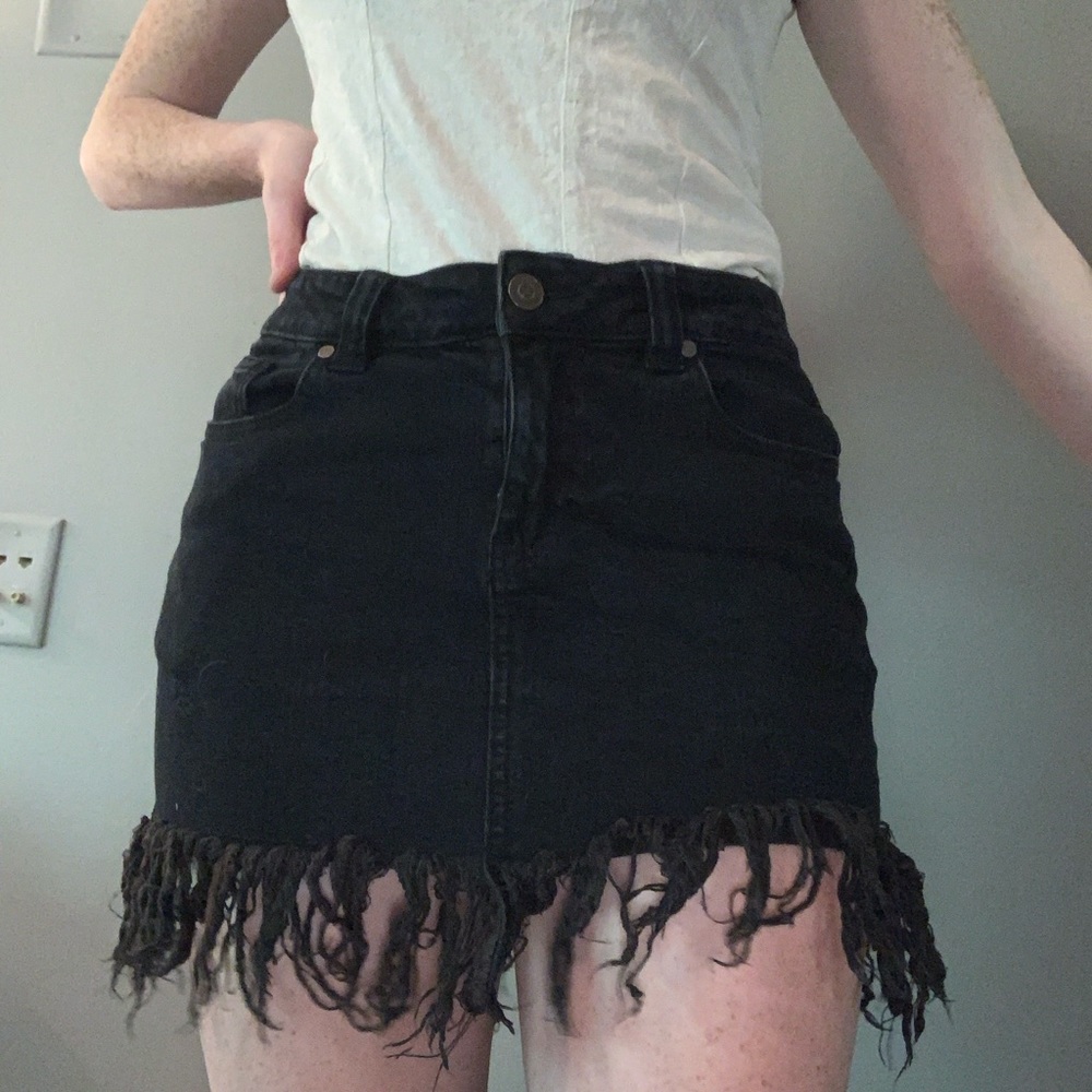 Black fringe denim mini skirt